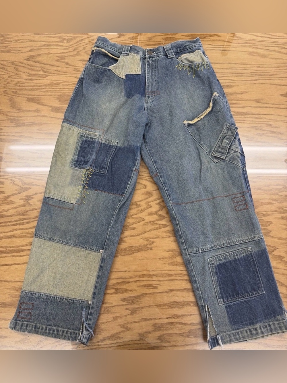 Vintage TRUST Asymmetrical Patchwork Distressed Embroidered Jeans 34 Baggy 90s